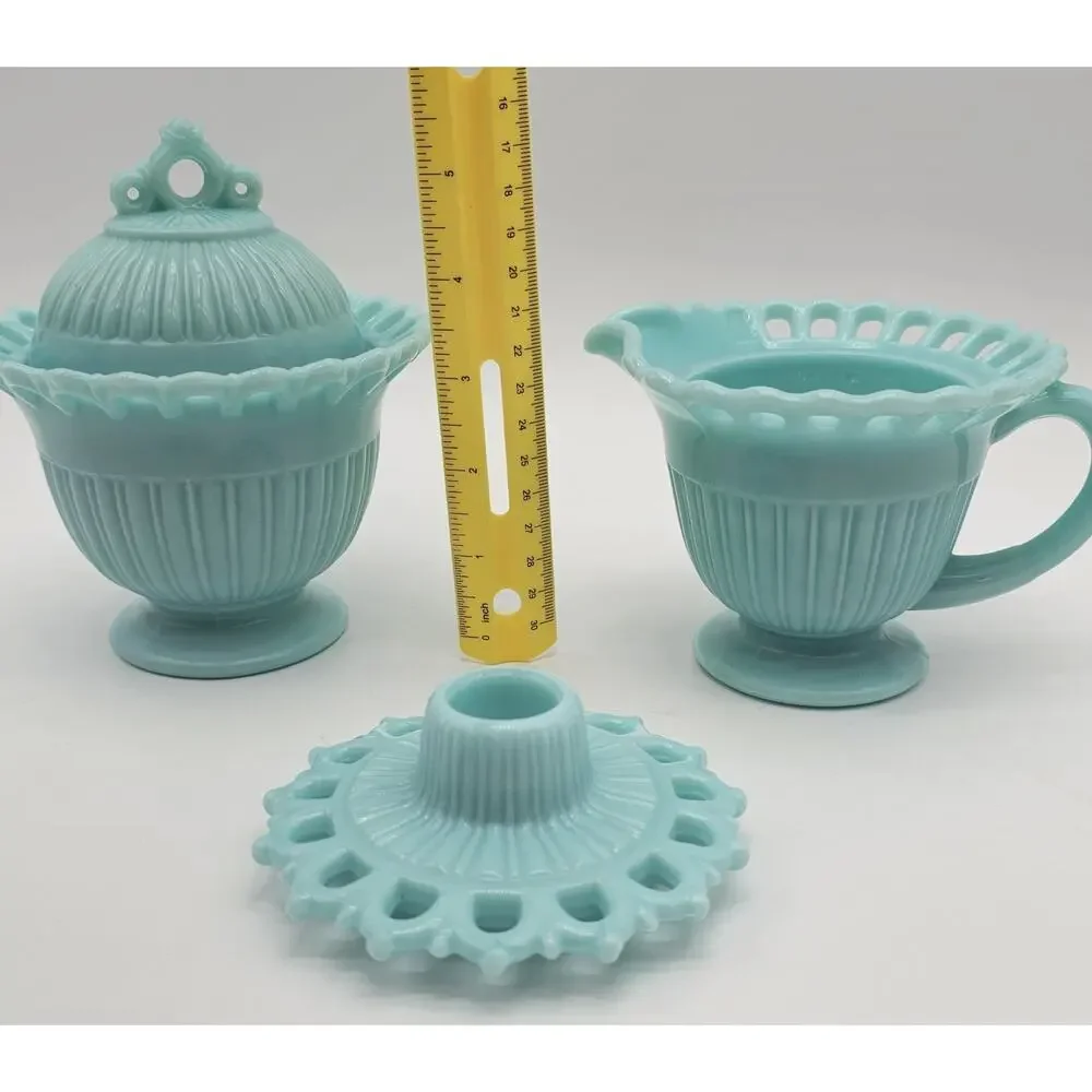 Fostoria Randolph Blue Milk Glass Cream Sugar & Candlestick Holder Set